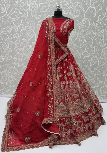 Red Pure Premium Gadhwal Silk Peacock &amp; Giraffe Thread &amp; Zari Handwork Crystal Motif 
Sequins Work Bridal Lehenga Choli