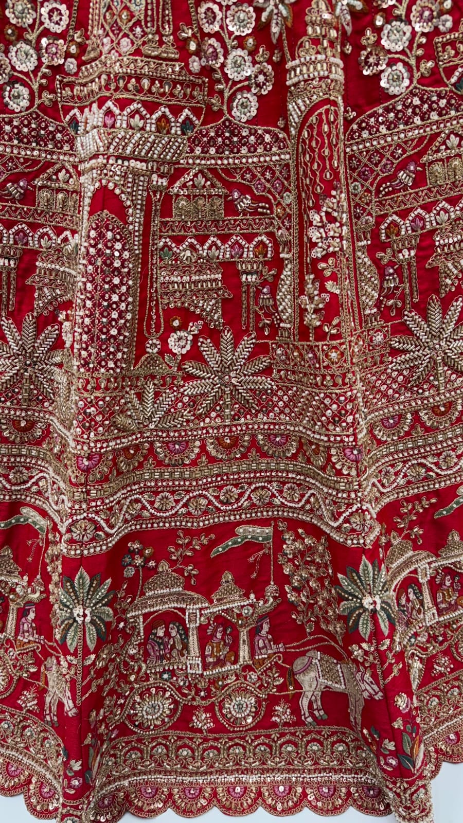 Red Pure Premium Gadhwal Silk Peacock &amp; Giraffe Thread &amp; Zari Handwork Crystal Motif 
Sequins Work Bridal Lehenga Choli