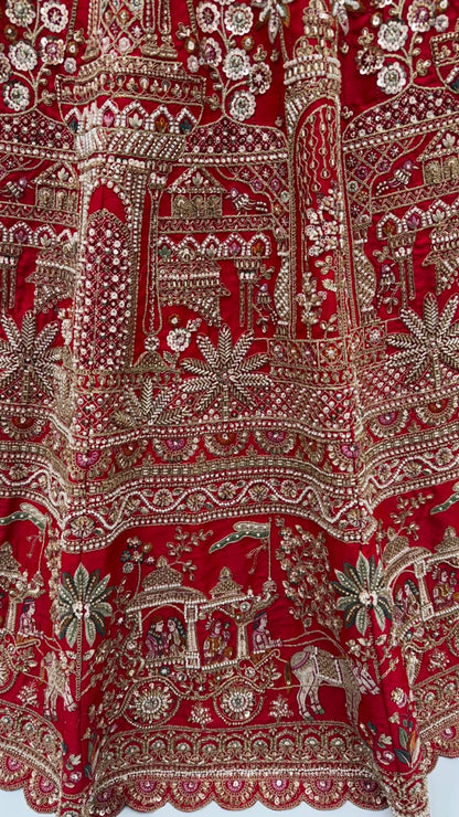 Red Pure Premium Gadhwal Silk Peacock &amp; Giraffe Thread &amp; Zari Handwork Crystal Motif 
Sequins Work Bridal Lehenga Choli