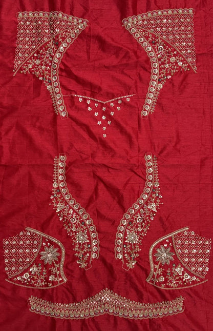 Red Pure Premium Gadhwal Silk Peacock &amp; Giraffe Thread &amp; Zari Handwork Crystal Motif 
Sequins Work Bridal Lehenga Choli