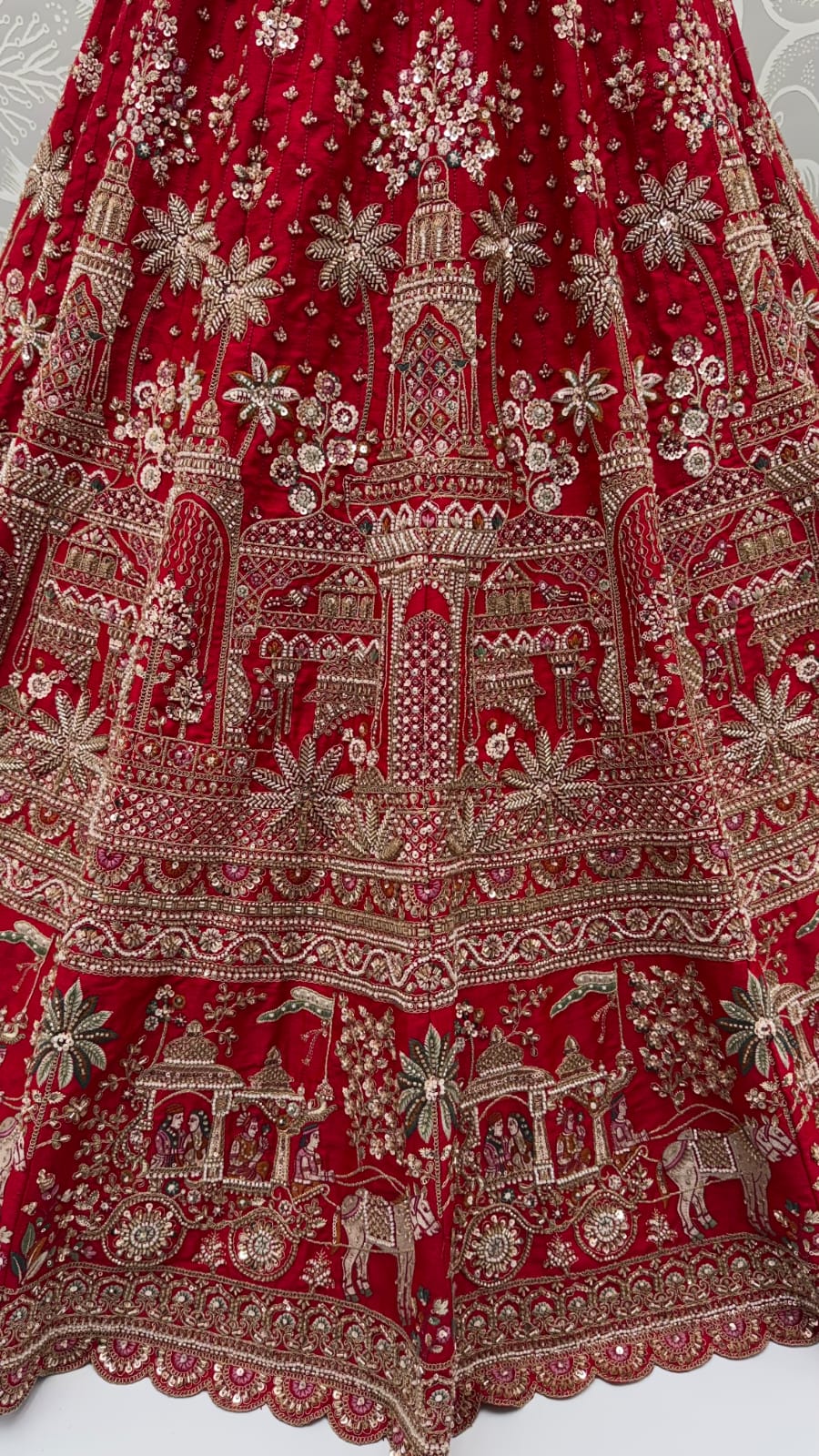 Red Pure Premium Gadhwal Silk Peacock &amp; Giraffe Thread &amp; Zari Handwork Crystal Motif 
Sequins Work Bridal Lehenga Choli