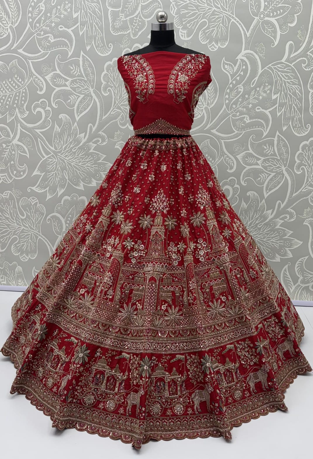 Red Pure Premium Gadhwal Silk Peacock &amp; Giraffe Thread &amp; Zari Handwork Crystal Motif 
Sequins Work Bridal Lehenga Choli