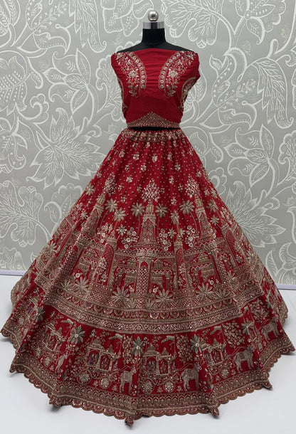 Red Pure Premium Gadhwal Silk Peacock &amp; Giraffe Thread &amp; Zari Handwork Crystal Motif 
Sequins Work Bridal Lehenga Choli
