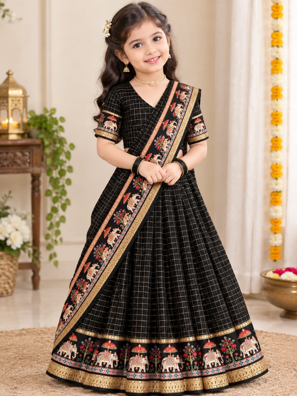 Black Pure Heavy Viscose Georgette With Zari Chex Kid&