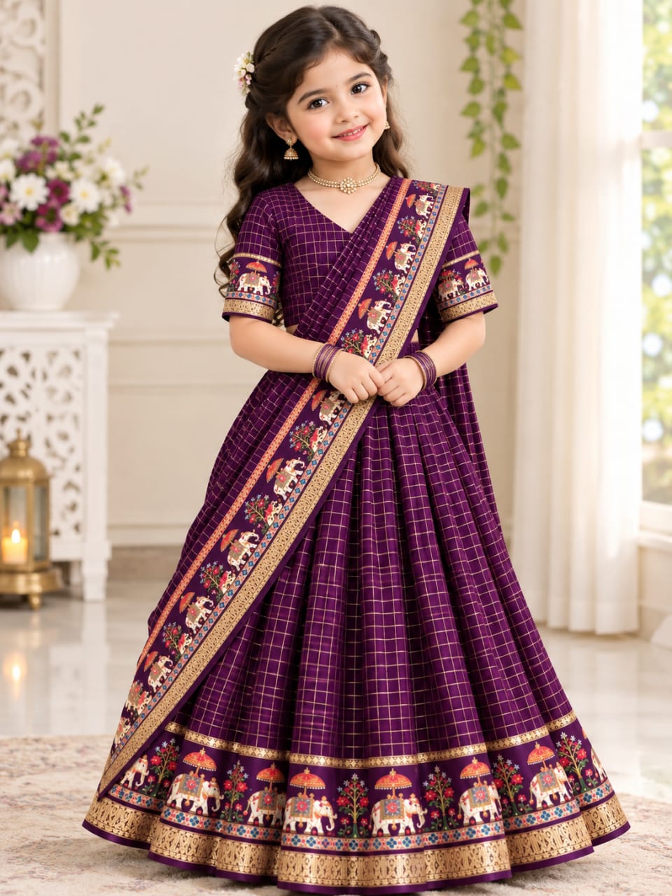Purple Pure Heavy Viscose Georgette With Zari Chex Kid&