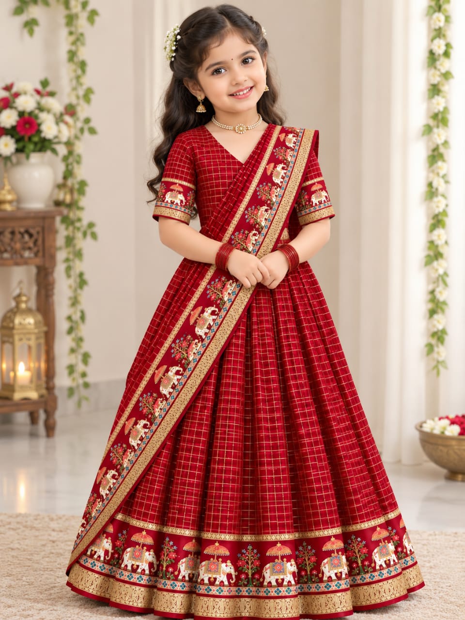 Red Pure Heavy Viscose Georgette With Zari Chex Kid&