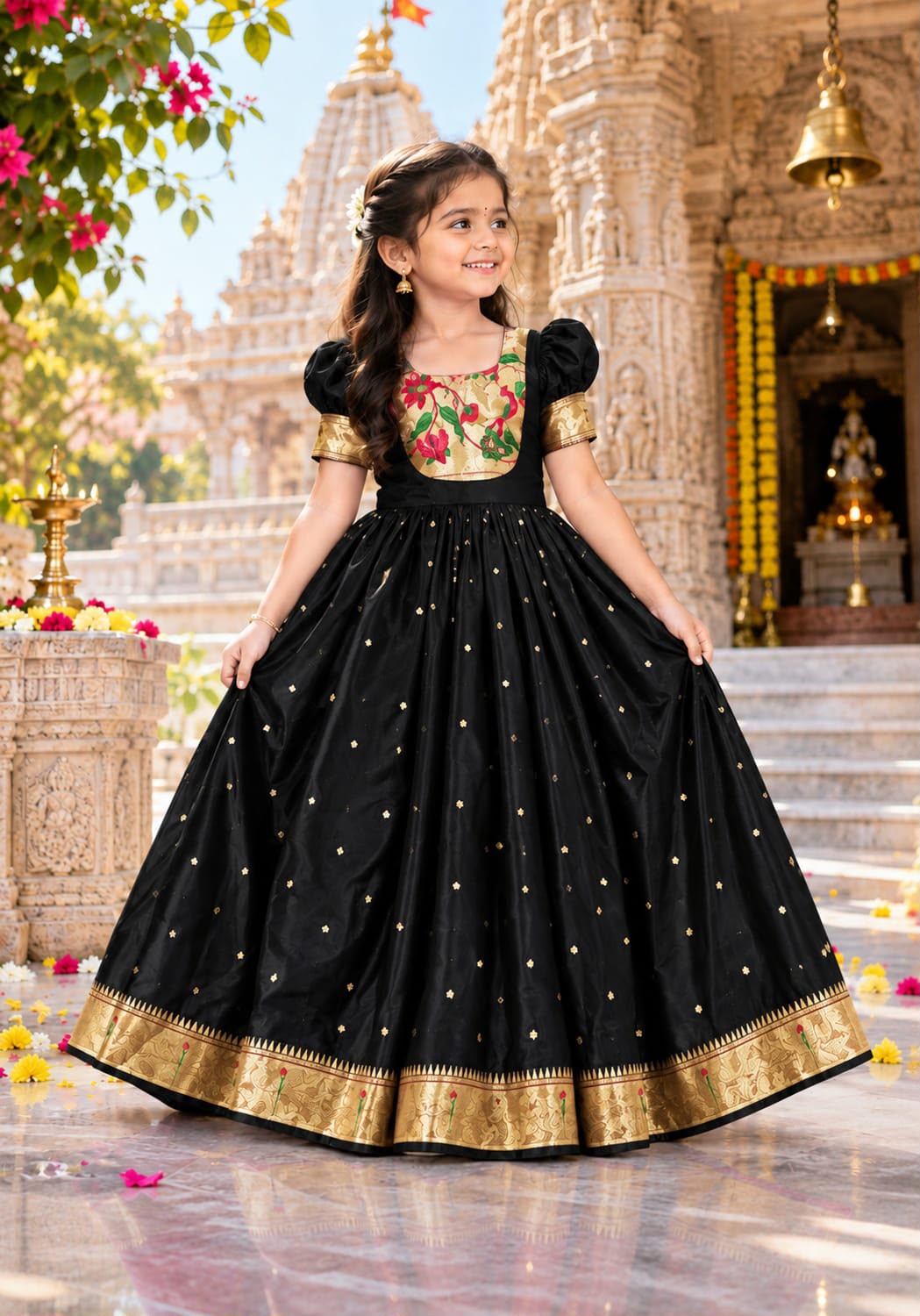 Black Pure Heavy Lichi Silk Body Zari Weaving Work  Kid&