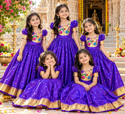 Blue Pure Heavy Lichi Silk Body Zari Weaving Work  Kid&