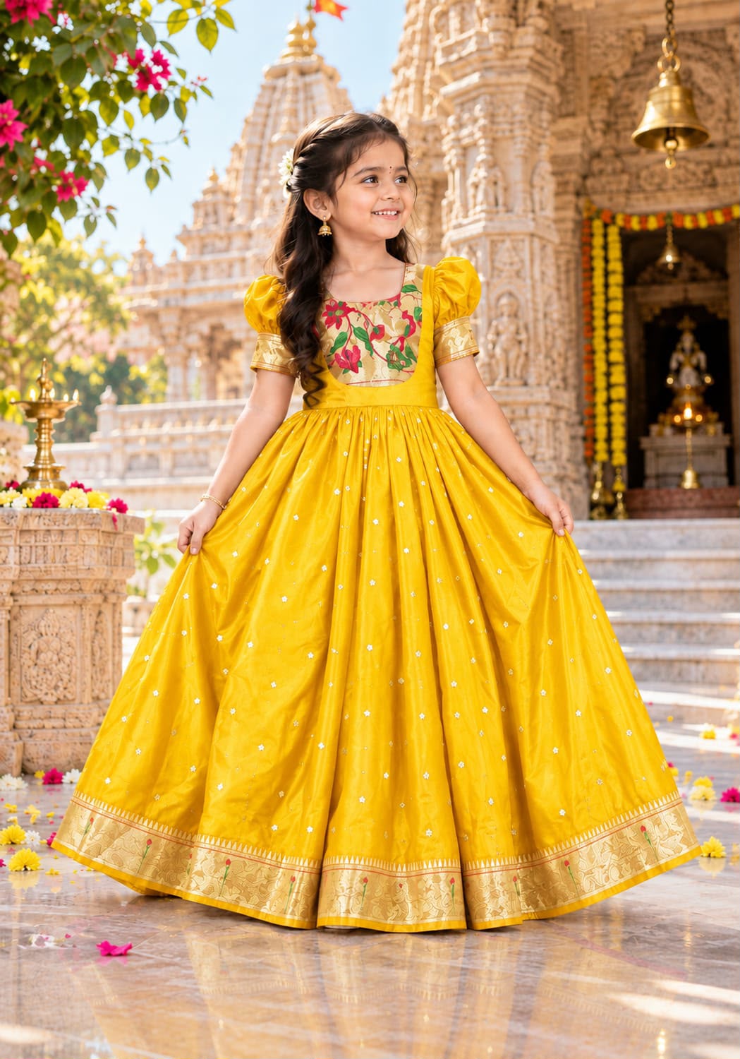 Yellow Pure Heavy Lichi Silk Body Zari Weaving Work  Kid&