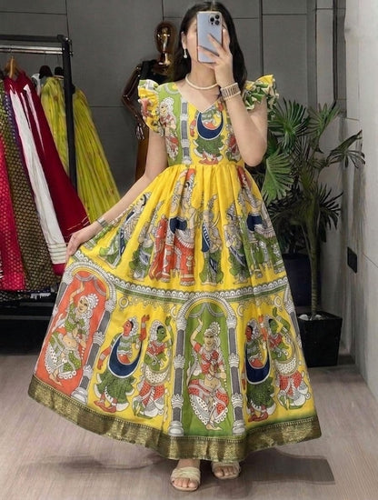 Yellow Pure Soft Silk Hakoba Printed Maxi Dress Gown