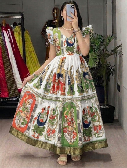 White Pure Soft Silk Hakoba Printed Maxi Dress Gown