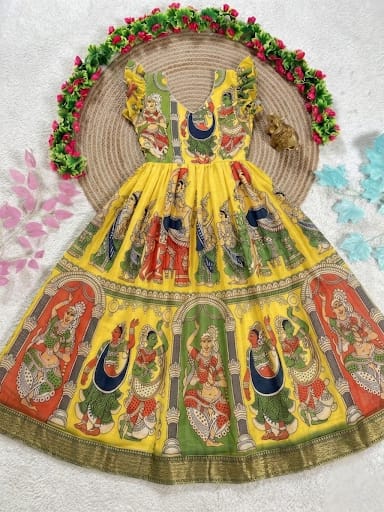 Yellow Pure Soft Silk Hakoba Printed Maxi Dress Gown
