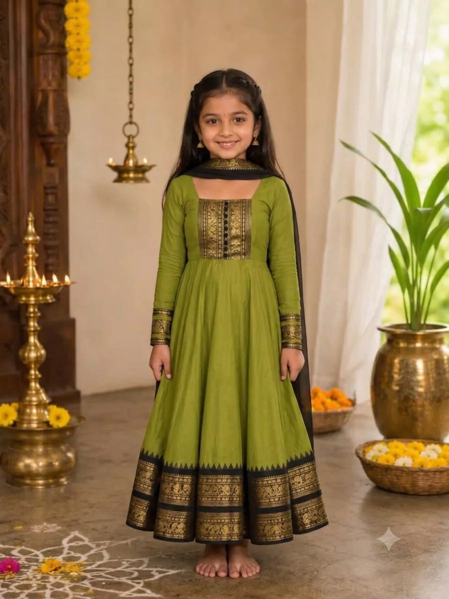 Green Pure Heavy Cotton Blend Elegant Anarkali Gown