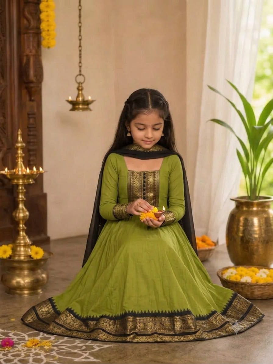 Green Pure Heavy Cotton Blend Elegant Anarkali Gown