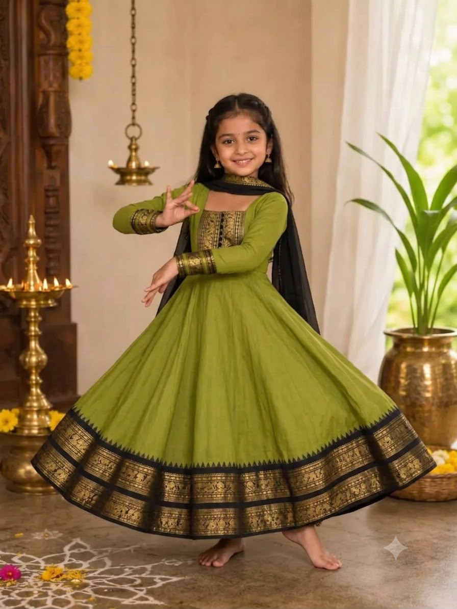 Green Pure Heavy Cotton Blend Elegant Anarkali Gown