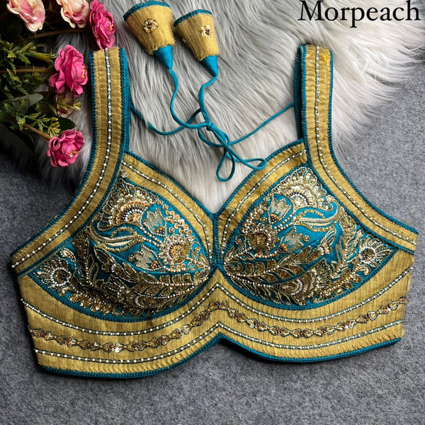 More peach Pure Heavy Italian Silk Heavy Thread Real Mirror Corset Style Navratri Blouse
