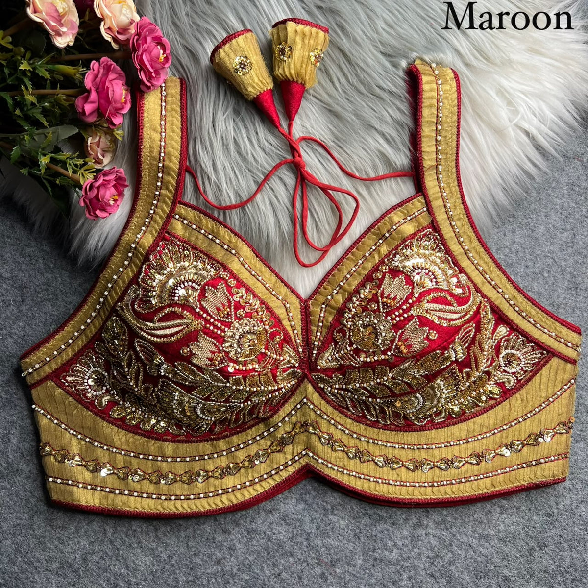 Maroon Pure Heavy Italian Silk Heavy Thread Real Mirror Corset Style Navratri Blouse