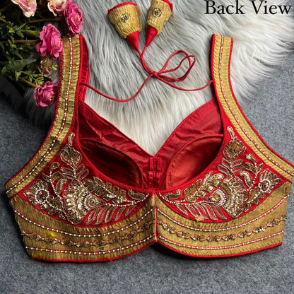 Red Pure Heavy Italian Silk Heavy Thread Real Mirror Corset Style Navratri Blouse