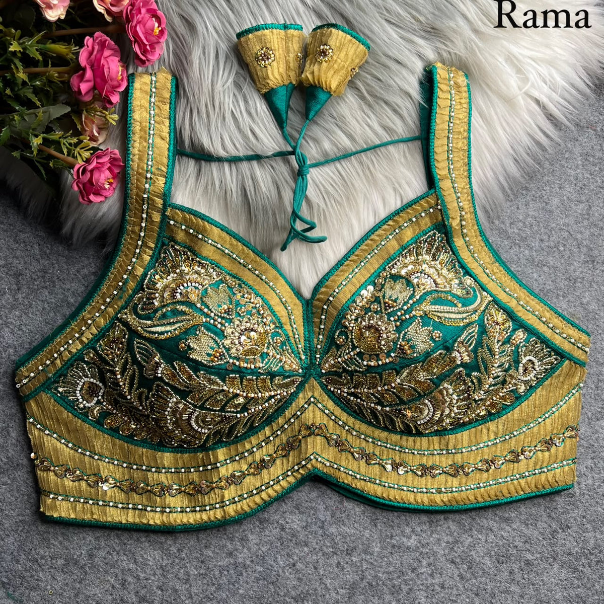 Rama Pure Heavy Italian Silk Heavy Thread Real Mirror Corset Style Navratri Blouse