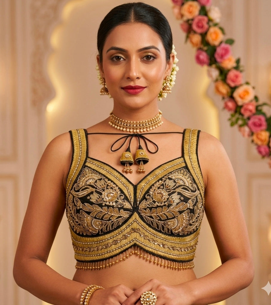 Black Pure Heavy Italian Silk Heavy Thread Real Mirror Corset Style Navratri Blouse