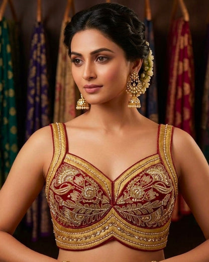 Maroon Pure Heavy Italian Silk Heavy Thread Real Mirror Corset Style Navratri Blouse
