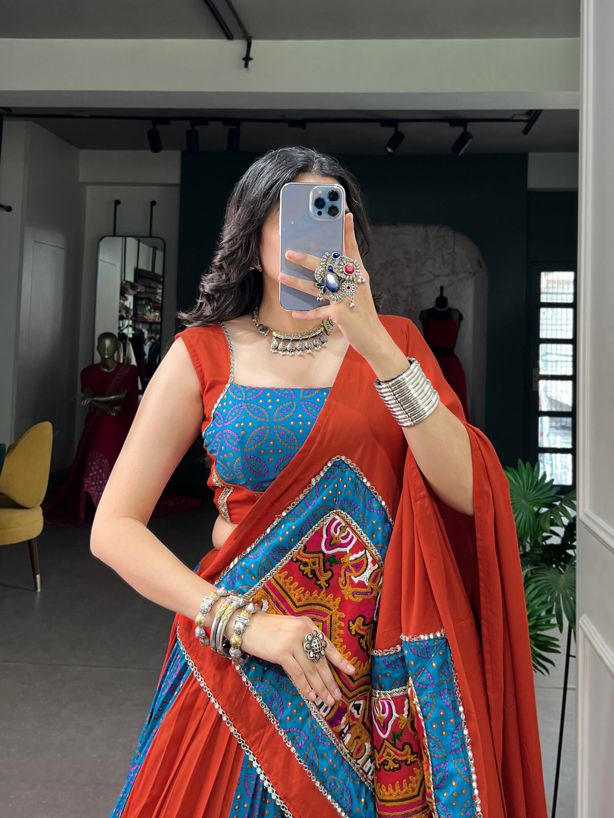 Multi Pure Rayon Tasar Silk With Mirror Work Chaniya Choli