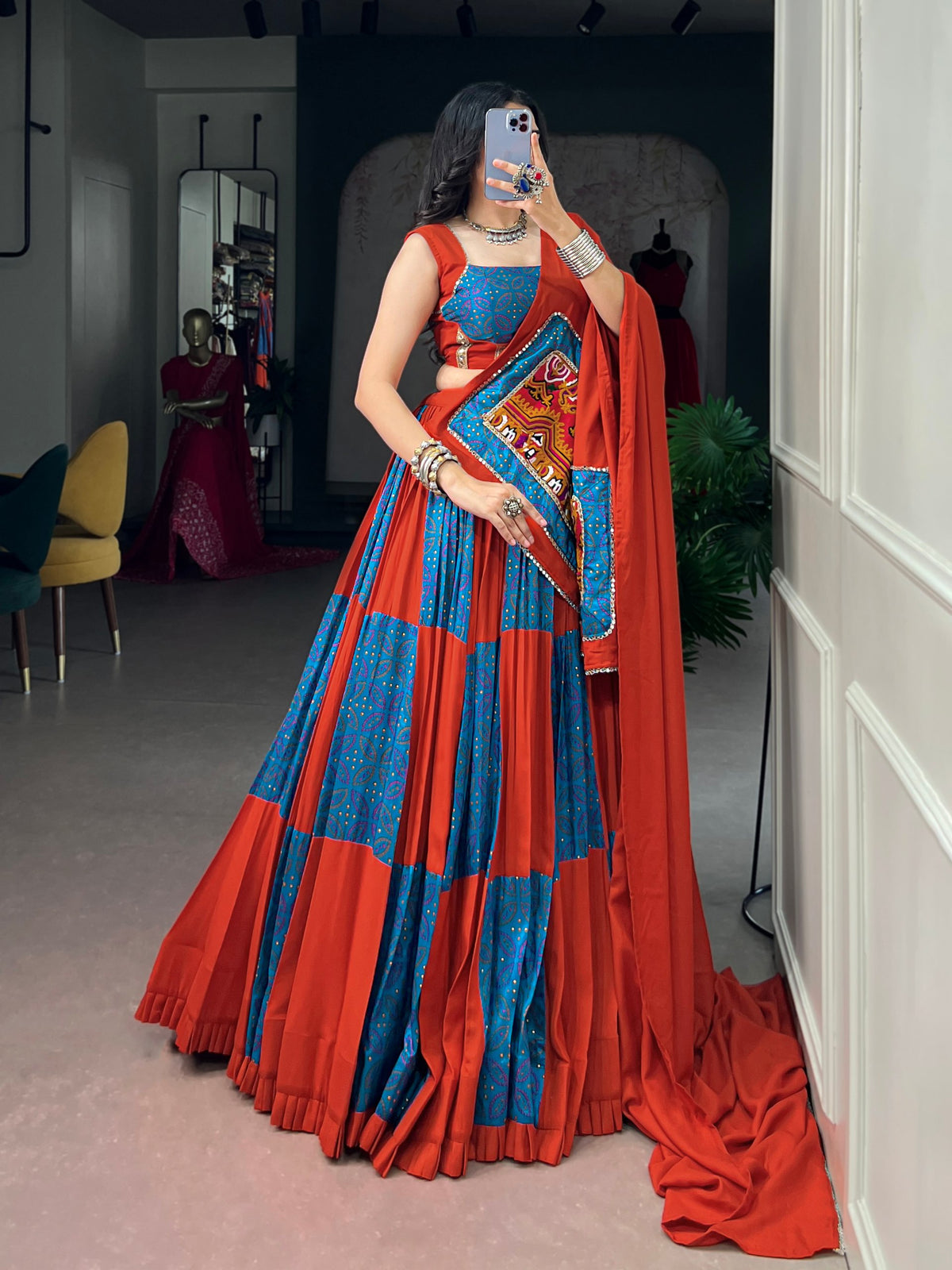 Multi Pure Rayon Tasar Silk With Mirror Work Chaniya Choli