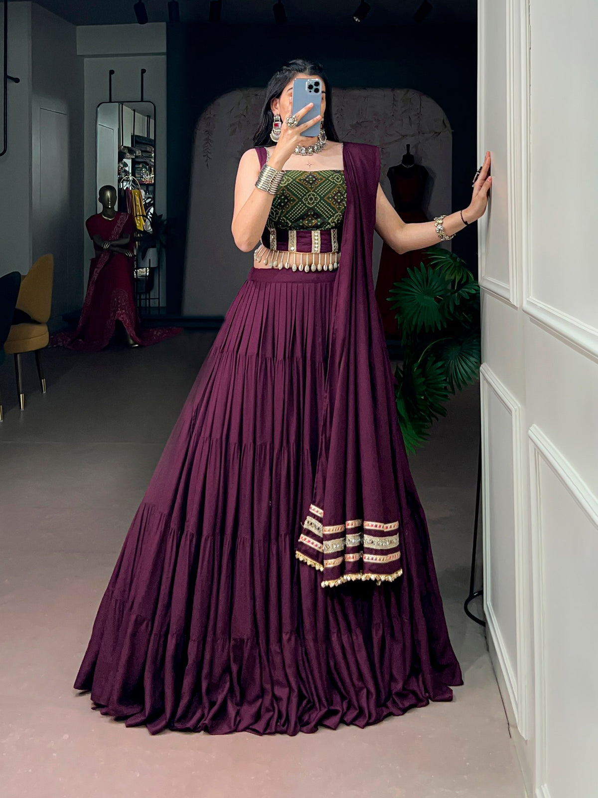 Wine Pure Reyon Cotton Bandhej Print Navratri Lehenga Choli