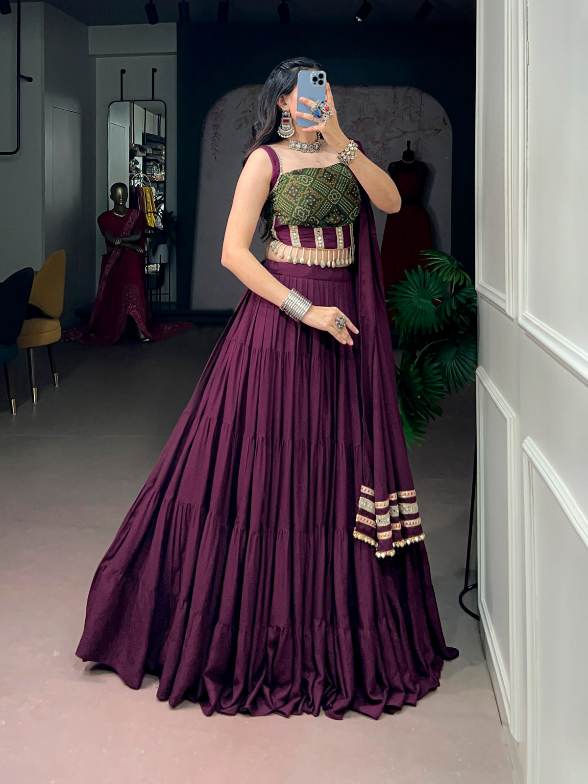 Wine Pure Reyon Cotton Bandhej Print Navratri Lehenga Choli