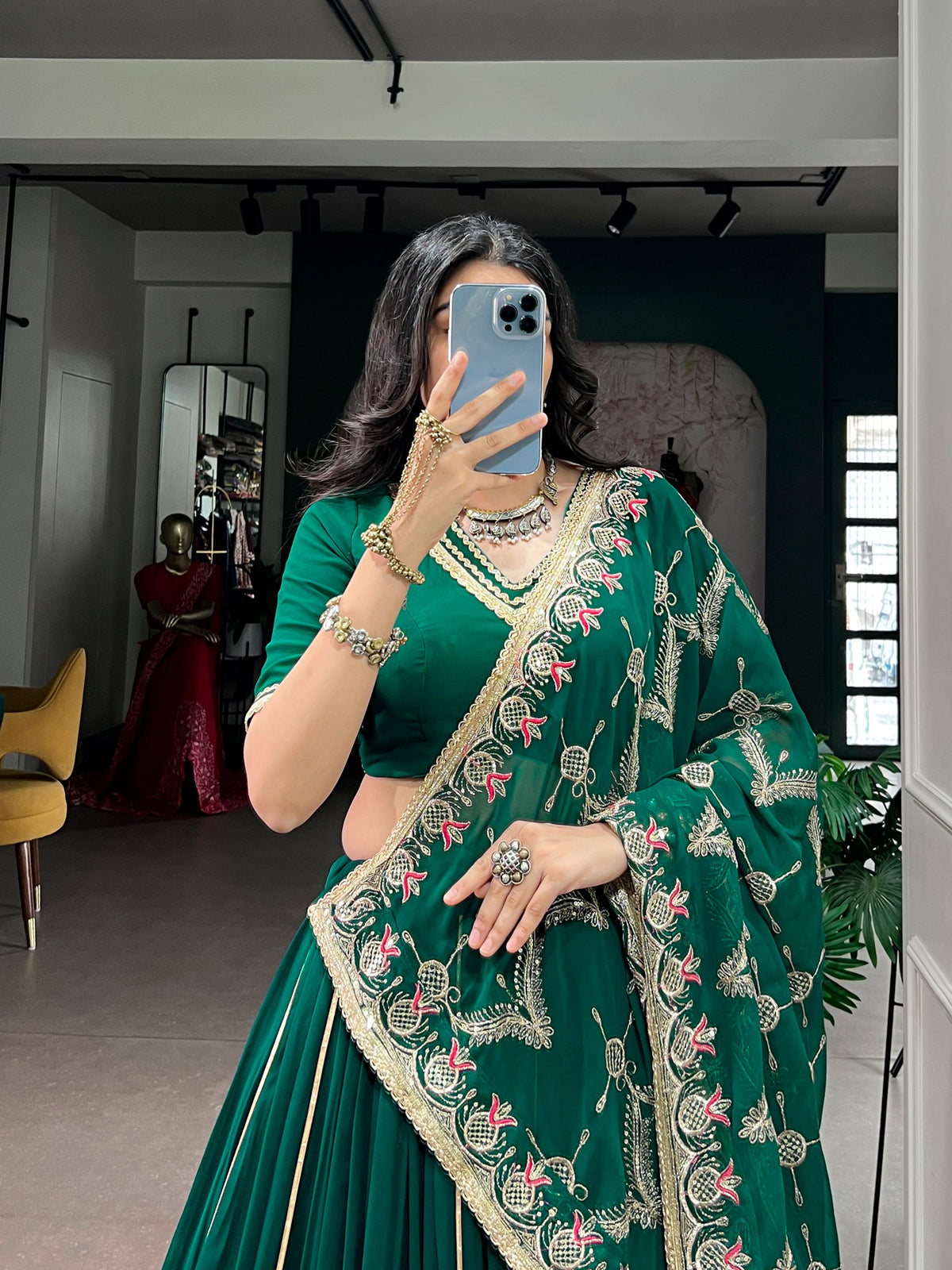 Green Pure Georgette Vintage Work Navratri Lehenga Choli