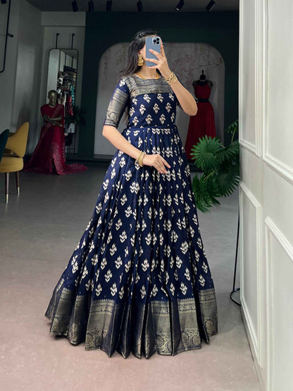 Navy Blue Pure Kota Chex Zari Weaving Work Long Anarkali Gown