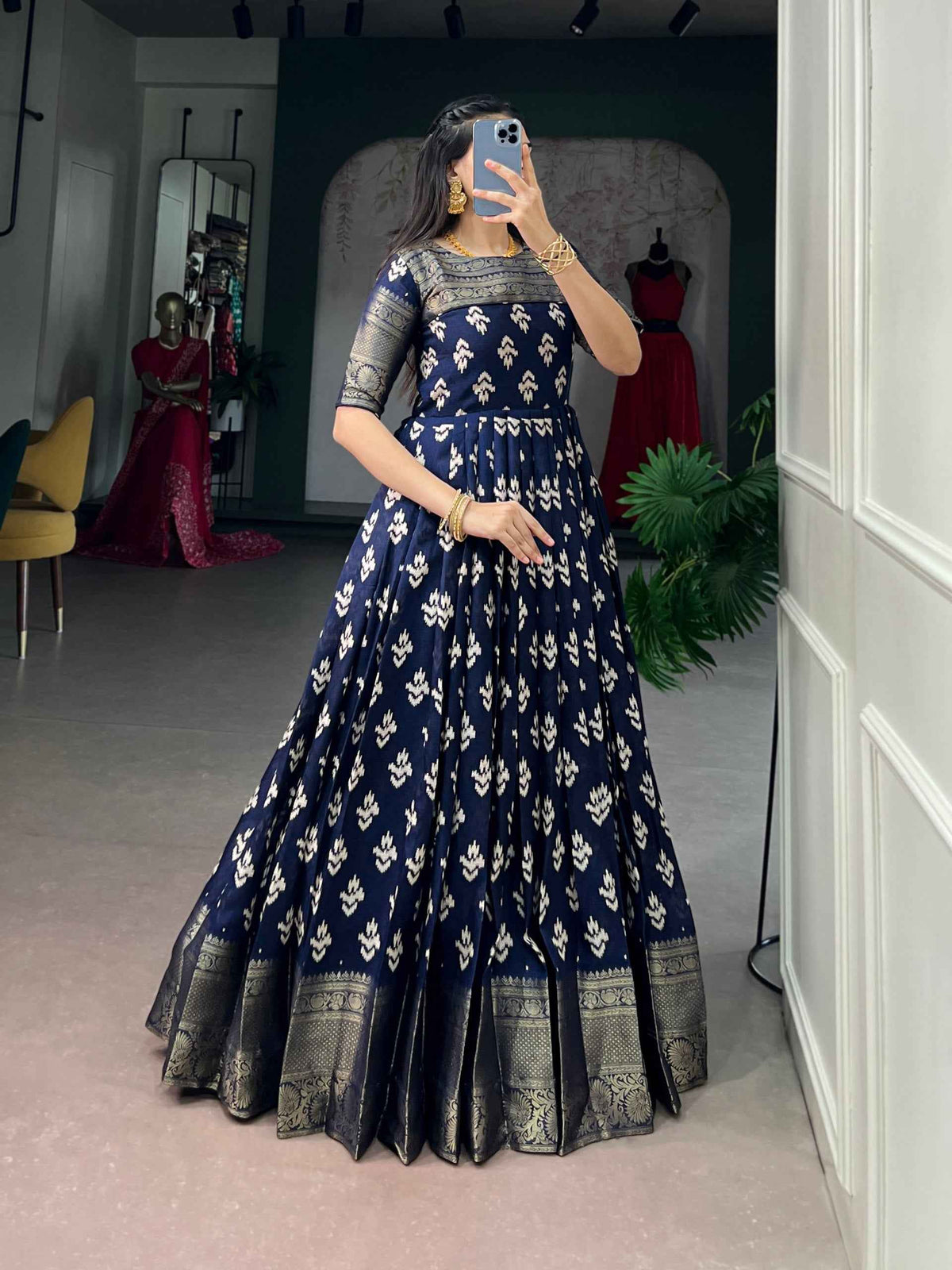 Navy Blue Pure Kota Chex Zari Weaving Work Long Anarkali Gown