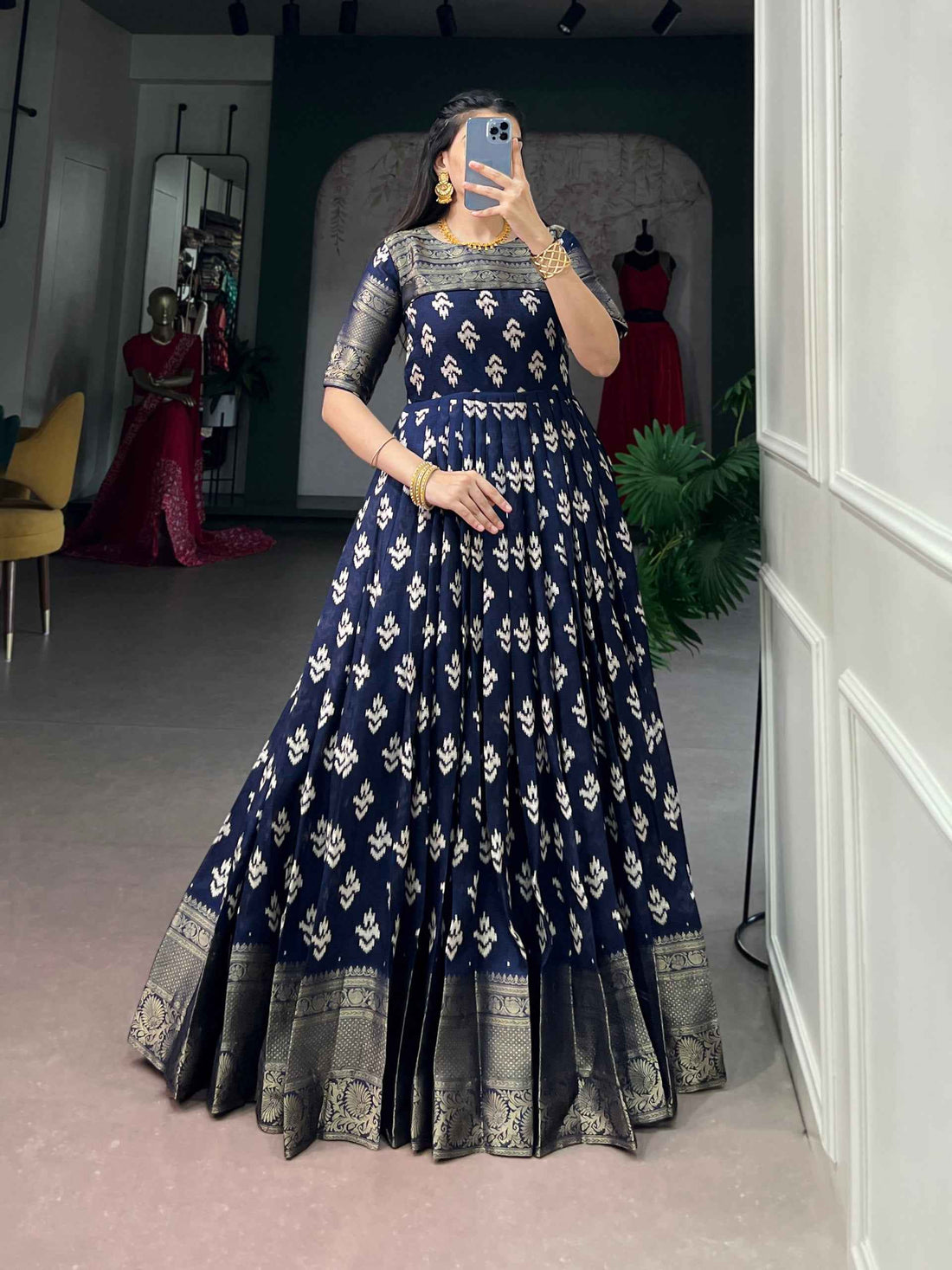 Navy Blue Pure Kota Chex Zari Weaving Work Long Anarkali Gown