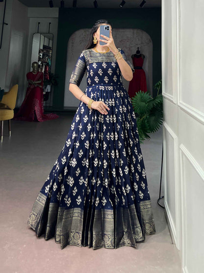 Navy Blue Pure Kota Chex Zari Weaving Work Long Anarkali Gown