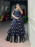 Navy Blue Pure Kota Chex Zari Weaving Work Long Anarkali Gown