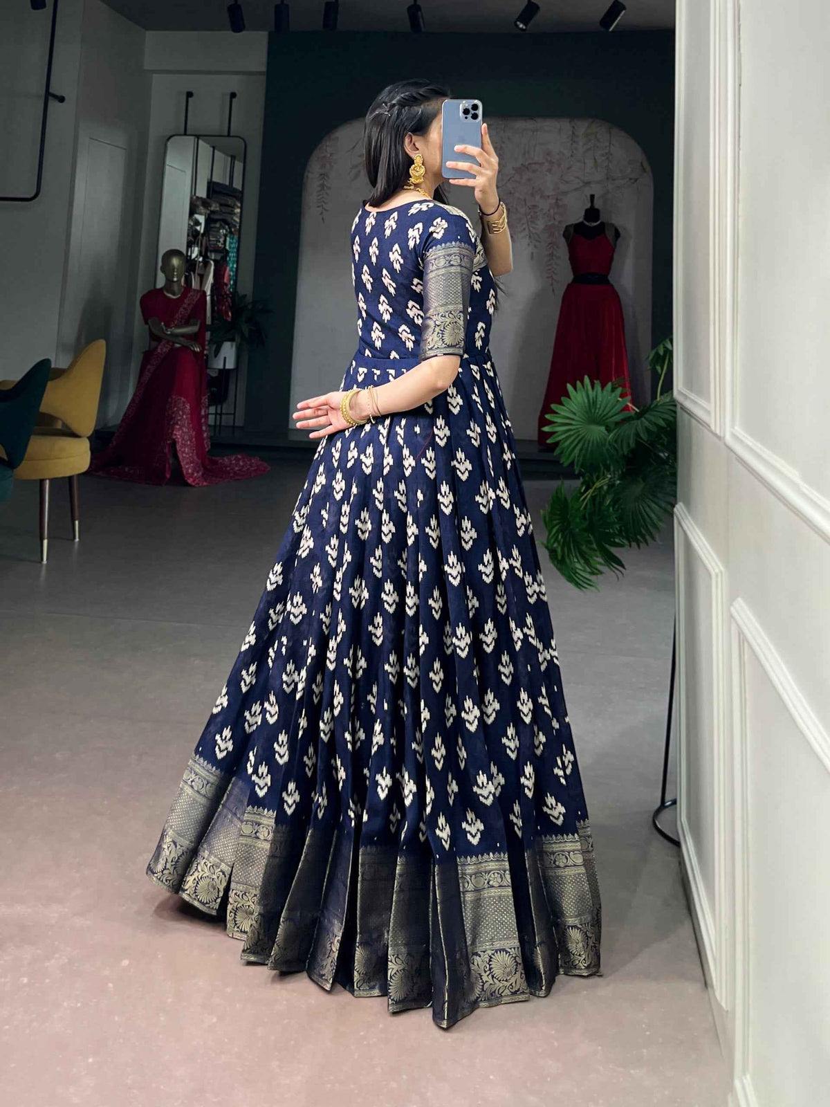 Navy Blue Pure Kota Chex Zari Weaving Work Long Anarkali Gown