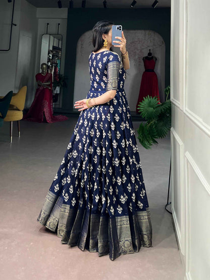 Navy Blue Pure Kota Chex Zari Weaving Work Long Anarkali Gown