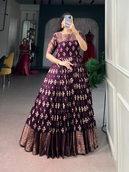 Wine Pure Kota Chex Zari Weaving Work Long Anarkali Gown