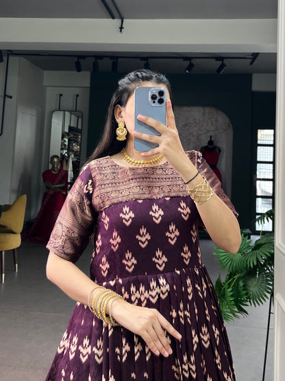 Wine Pure Kota Chex Zari Weaving Work Long Anarkali Gown