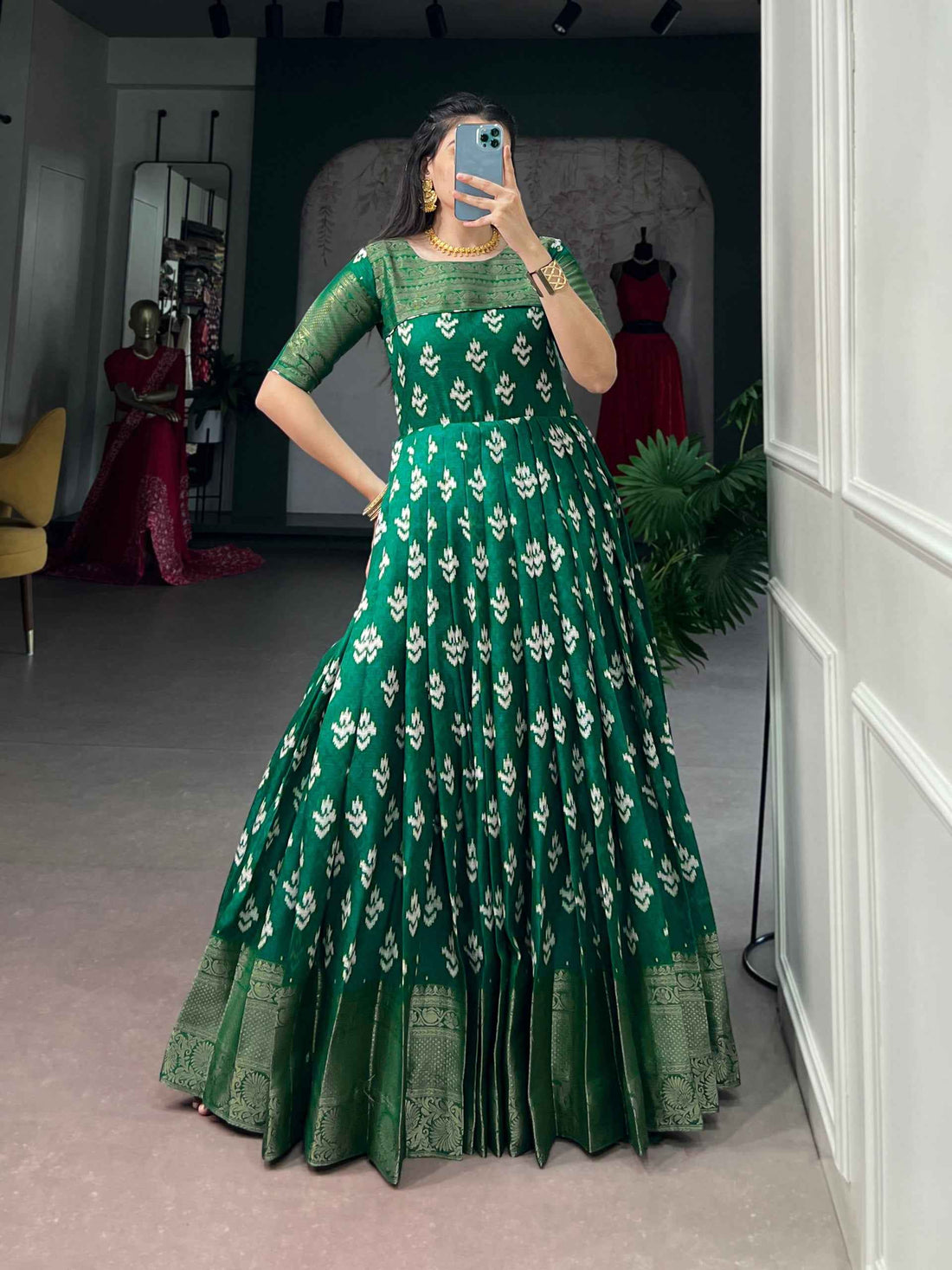 Green Pure Kota Chex Zari Weaving Work Long Anarkali Gown
