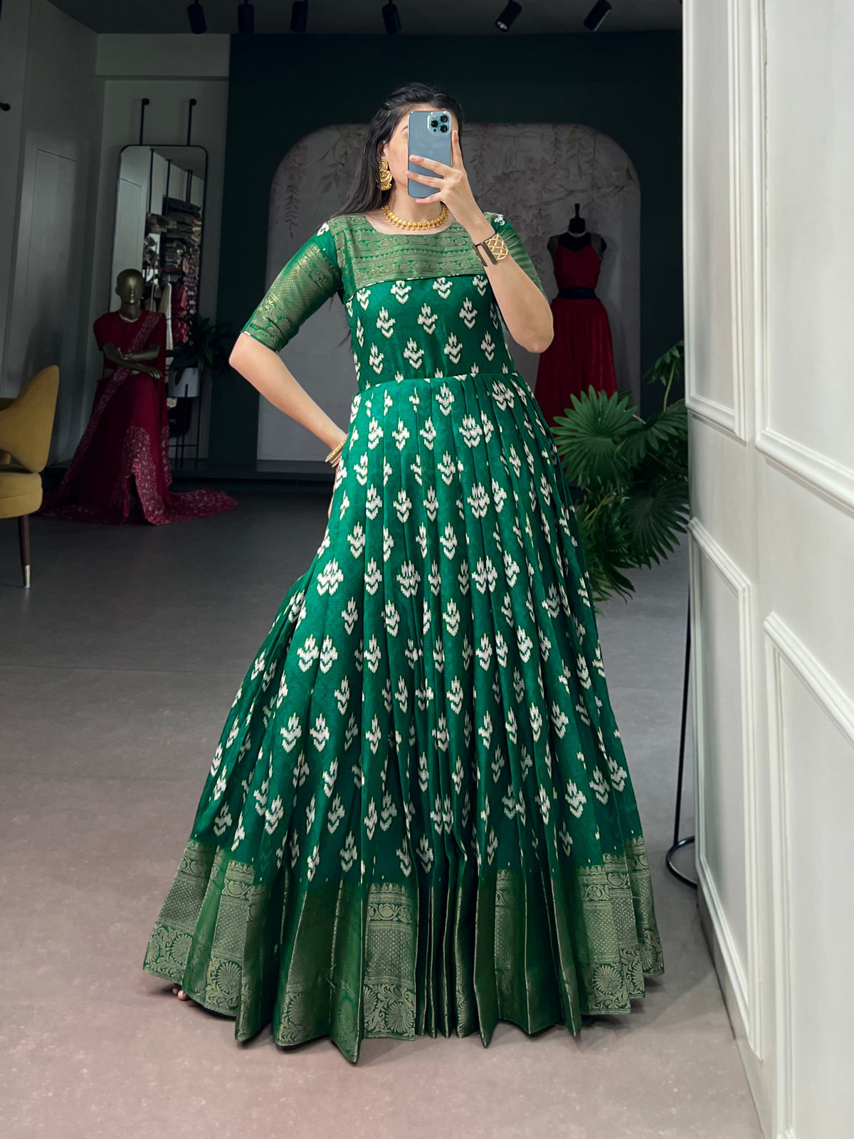 Green Pure Kota Chex Zari Weaving Work Long Anarkali Gown