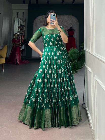Green Pure Kota Chex Zari Weaving Work Long Anarkali Gown