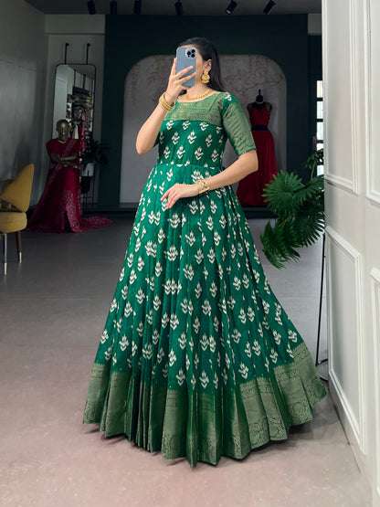 Green Pure Kota Chex Zari Weaving Work Long Anarkali Gown