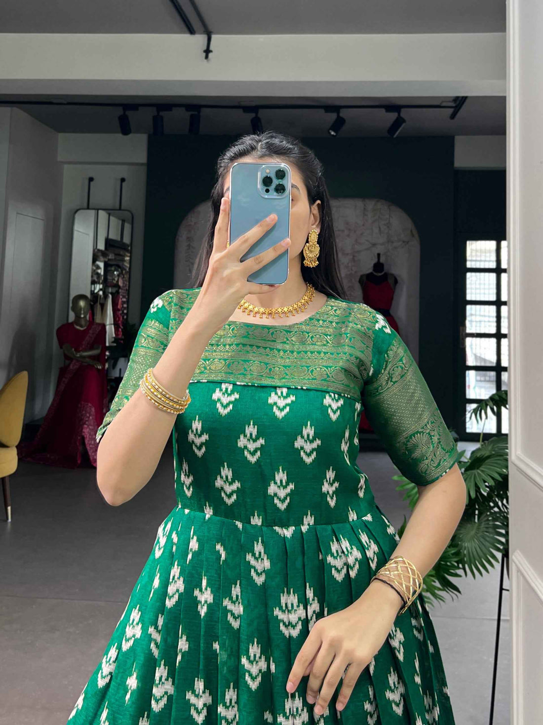 Green Pure Kota Chex Zari Weaving Work Long Anarkali Gown