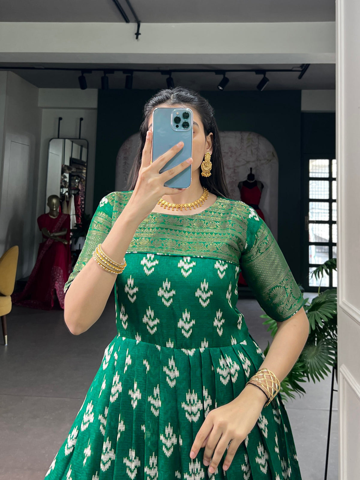 Green Pure Kota Chex Zari Weaving Work Long Anarkali Gown