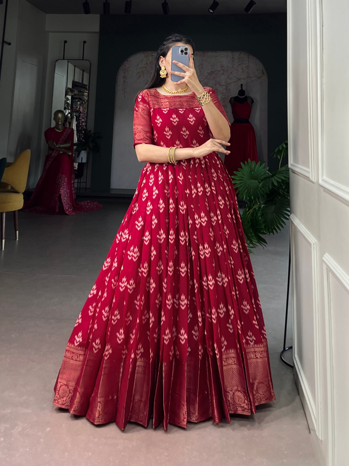Red Pure Kota Chex Zari Weaving Work Long Anarkali Gown