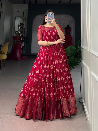 Red Pure Kota Chex Zari Weaving Work Long Anarkali Gown