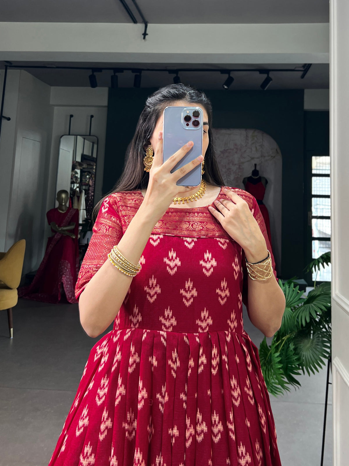 Red Pure Kota Chex Zari Weaving Work Long Anarkali Gown