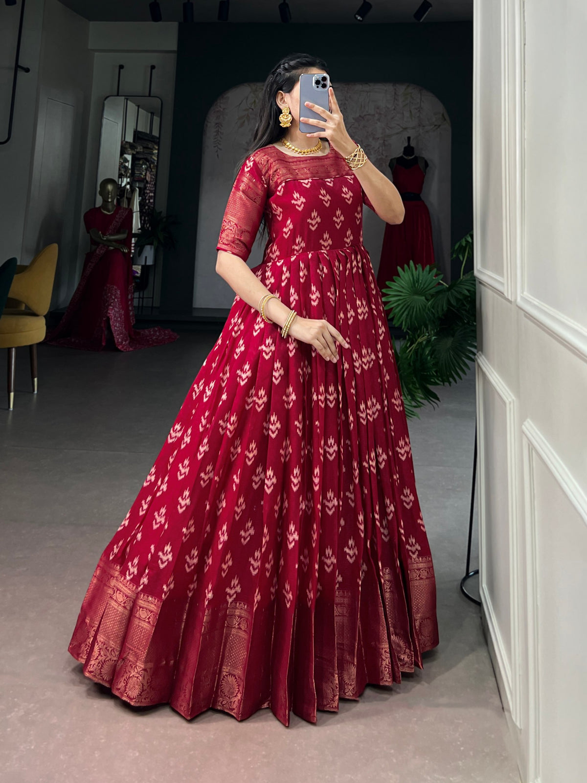 Red Pure Kota Chex Zari Weaving Work Long Anarkali Gown