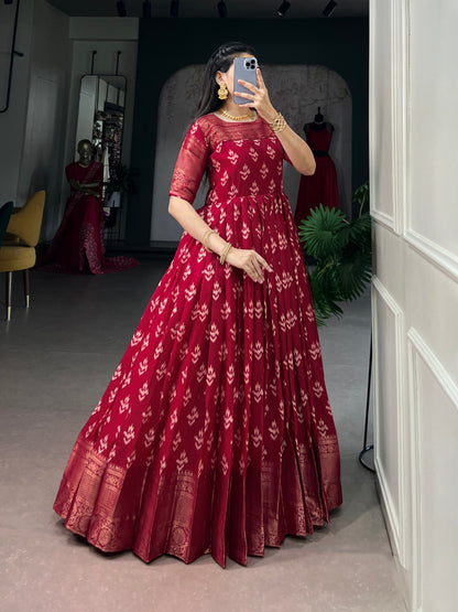 Red Pure Kota Chex Zari Weaving Work Long Anarkali Gown